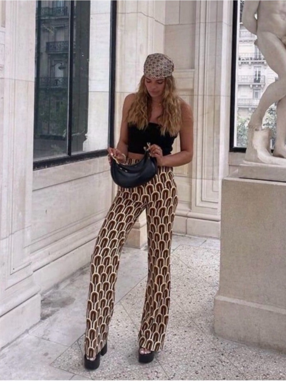 Wide Leg Retro Print Pants in Brown & Cream